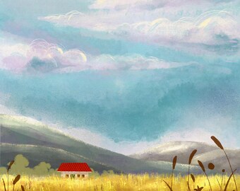 A house in the middle of a meadow on a sunny day digital painting