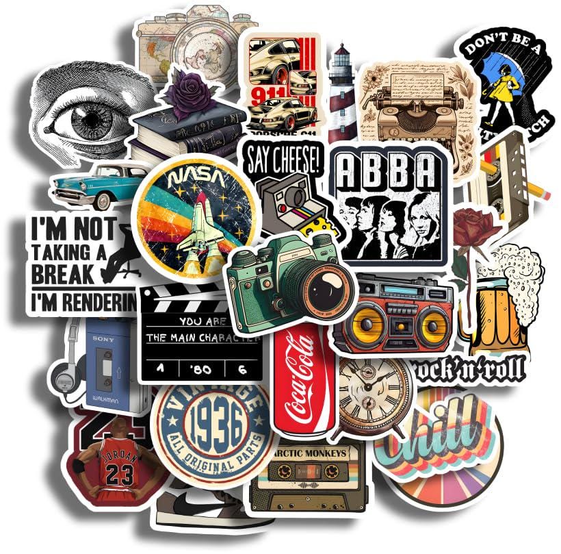 Set van 28 vintage vinylstickers | Waterdicht, residuvrij | Esthetische stickers voor laptops, tijdschriften, plakboeken, waterflessen, gitaren