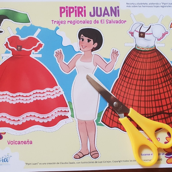 PIPIRI JUANI poupée découpée costumes régionaux El Salvador, Pipiri Juani jeu nostalgique salvadorien, costumes typiques du Salvador