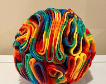Rainbow Print Medium Sized Fleece Snuffle Ball: Dog Treat Dispenser, Puppy and Bunny Gift
