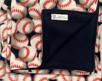Large, Medium or Small Pet Blanket, Fleece Baseball Print and Navy, Reversible Blanket, Handmade