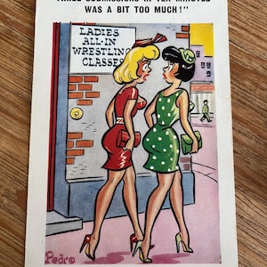 Vintage 1960s Pedro Comic Postcard – Cheeky Ladies Wrestling Joke – Saucy Seaside Humour