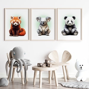 Set of 3 Animal Posters - Panda, Red Panda, Koala - Low Poly Style
