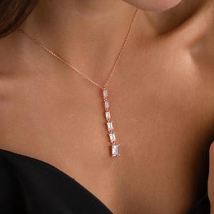 Sterling Silver Lariat Necklace, Clear Baguette Drop, Bridal Jewelry