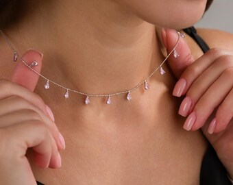 Colar rosa em formato de gota com zircônia cúbica, prata de lei 925, joia para usar em camadas.