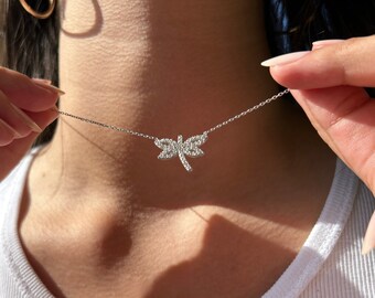 Sterling Silver Dragonfly Necklace: Zircon Stone Pendant
