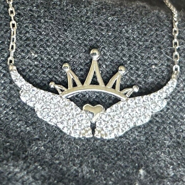 Collier d'été couronne d'ailes pour femme, collier en argent sterling 925 avec couronne de la reine délicate