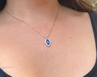 Colar Hamsa de Prata Esterlina: Círculo de Ouro Rosa, Pingente de Pedra Azul