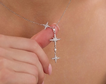 Colar Triplo Estrela em Prata de Lei, Delicado Pingente Celestial, Pedra Transparente Brilhante