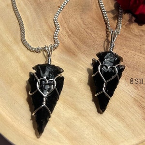 Black Obsidian Arrowhead, Heart Wire Wrapped Necklace Handmade Pendant
