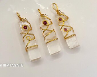 Selenite Pencil Wire-Wrapped Pendant | Handmade Crystal Necklace-Crystal Pendant-Crystal Necklace-Selenite Crystal-Handmade Crystal Jewelry