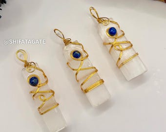 Selenite Pencil Wire-Wrapped Pendant | Handmade Crystal Necklace-Crystal Pendant-Crystal Necklace-Selenite Crystal-Handmade Crystal Jewelry