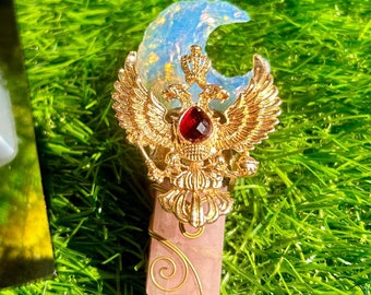 Handgefertigter Rosenquarz Aura Mond Zauberstab: Magisches Kristall Altar-Werkzeug