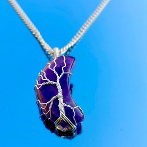 Amethyst Crystal Moon Necklace: Handmade Tree of Life Pendant