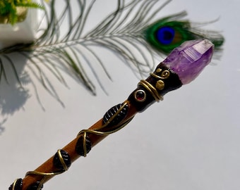 Beautiful Amethyst  Wand, Crystal Wand | Wire Wrapped Amethyst Wand , Handcrafted Magic Wand , Crystal Gift , Crystal Magic Wand, Wood Wand,