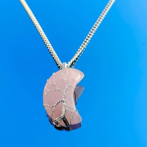Rose Quartz Pendant: Tree of Life Wire Wrapped Crescent Moon Necklace