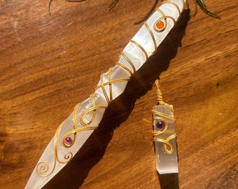 Handcrafted Selenite Crystal Wand: Wire Wrapped Healing Stone