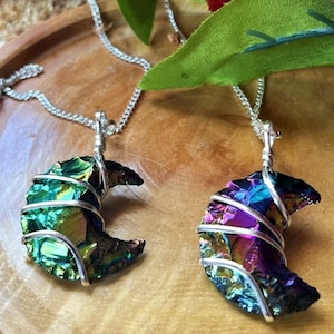 Aura Quartz Crystal Moon Necklace: Wire Wrapped Obsidian Pendant
