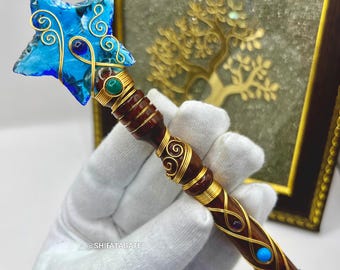 Blauer Kristall Stern Zauberstab | Handgefertigtes Holz, Gold Wire Wrap, Edelstein Akzente
