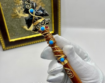 Luxe zwarte obsidiaan houten pen met pijlpunt | Artisan kristalpen | Handgemaakt spiritueel schrijfinstrument