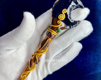 Handgefertigter Mond Glas Obsidian: Drahtgewickelter Zauberstab aus Holz
