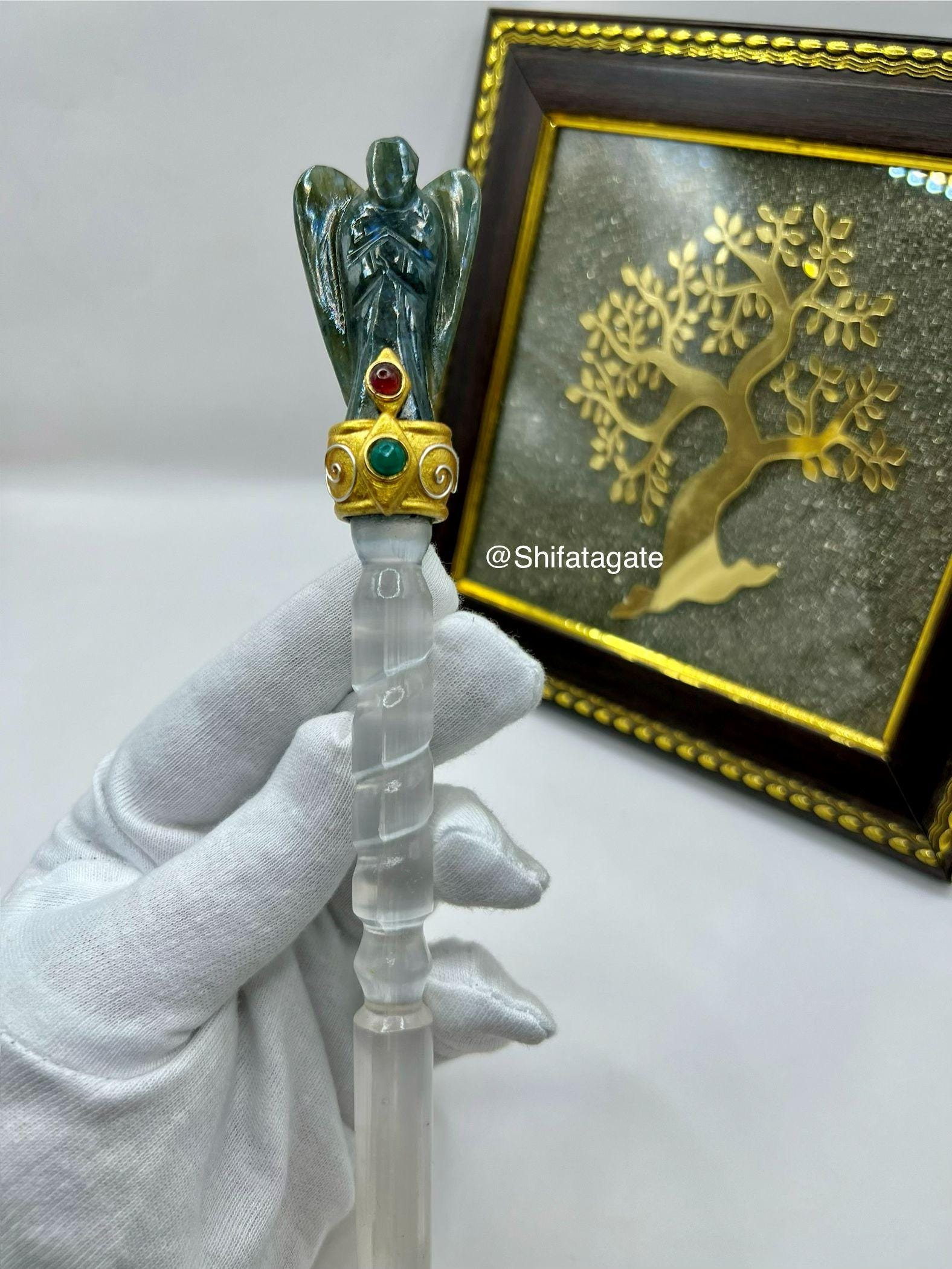 Labradorite Angel & Selenite Crystal Wand | Healing Gemstone Tool