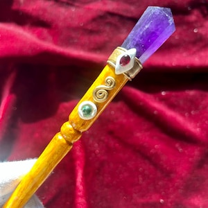 Handcrafted Amethyst Crystal Wand: Wire Wrapped Wooden Magic Wand