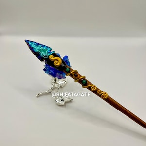Amethyst Aura Quartz Crystal Wand: Wire Wrapped Wood Handle, Handcrafted