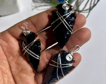 Handcrafted Black Obsidian Arrowhead Pendant: Wire Wrapped Crystal Necklace