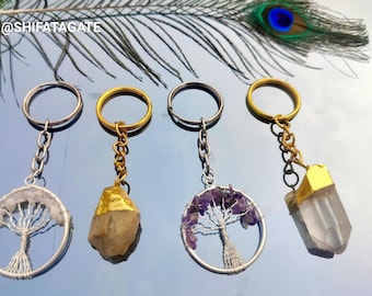 Tree Of Life Crystal Keychain: Clear Quartz, Citrine, Amethyst