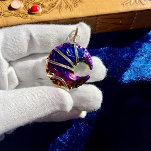 Handcrafted Titanium Aura Quartz Moon Pendant: Crystal Healing Necklace