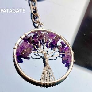 Tree of Life natural Amethyst stone keychain – purple and silver Keychain - Tree Of Life Keychain - Crystal Keychain - Chakra Keychain
