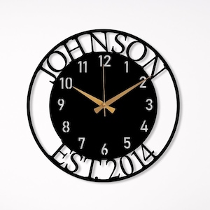 Custom Name and EST Large Metal Wall Clock, Silent Clock for Wall, Personalized Last Name Clock, New Home Gift, Oversize Clock, Family Gift Black