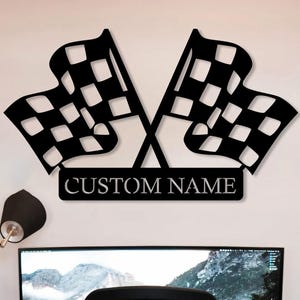 Letrero de carreras personalizado con bandera a cuadros, monograma con bandera a cuadros, regalo personalizado para piloto, letrero personalizado con el nombre de la bandera de meta, arte metálico con bandera de carreras