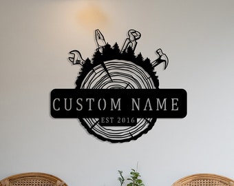 Custom Lumberjack Metal Wall Sign, Personalized Carpenter Wall Decor, Home Outdoor Decor, Woodcutter Wall Sign, Metal Tree Stump, Large Sign