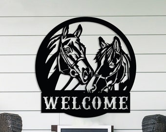 Metal Welcome Sign for Front Porch, Welcome Horse Sign, Metal House Sign, Gate Wall Decor, Outdoor Large Sign, Farmhouse Wall Sign,Home Gift
