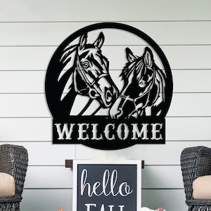 Plaque de bienvenue en métal pour véranda, cheval de bienvenue, plaque de maison en métal, décoration murale pour portail, grande plaque d&#39;extérieur, plaque murale de ferme, cadeau pour la maison