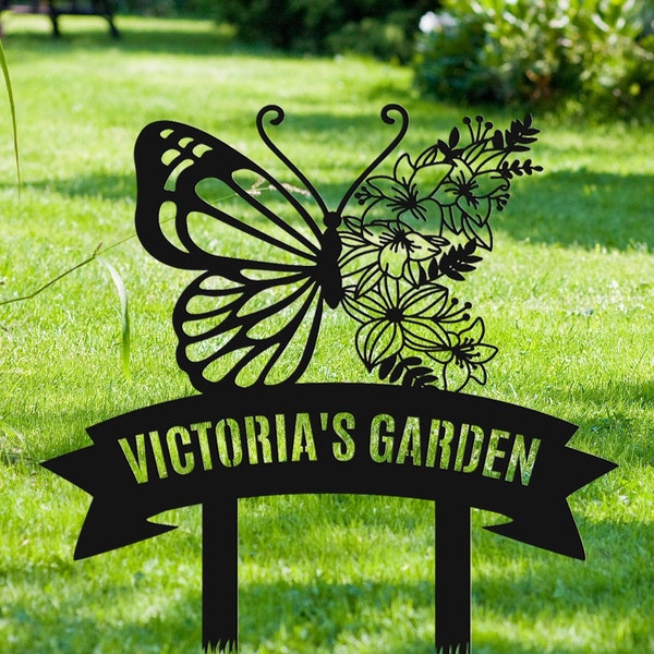 Personalized Butterfly Metal Garden Sign With Stakes, Metal Yard Decor, Custom Flower Bed Sign, Custom Garden Name Sign, Housewarming Gift