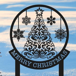 Merry Christmas Garden Metal Sign, Christmas Tree, Christmas Decoration, Holiday Decor, Tree and Snow Stakes, Unique Christmas Gift, Outdoor