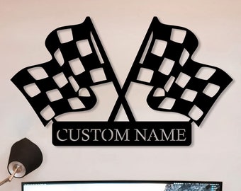 Custom Checkered Flag Racing Sign, Checkered Flag Monogram, Personalized Gift for Racer, Custom Finish Flag Name Sign, Racing Flag Metal Art