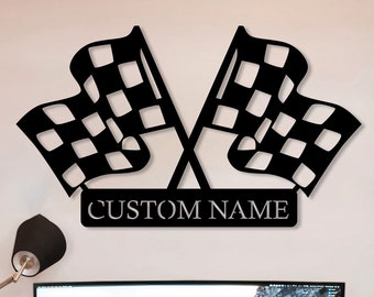 Benutzerdefiniertes Checkered Flagge Racing Zeichen, Checkered Flagge Monogramm, personalisiertes Geschenk für Racer, Custom Finish Flagge Namensschild, Racing Flagge Metall Kunst