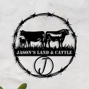 Custom Cow Farm Metal Sign, Large Barbed Wire Cow Ranch Name Sign, Farmer Gift, Cow and Calf Hanging, Cattle Farm Sign, Outdoor Sign, Barn