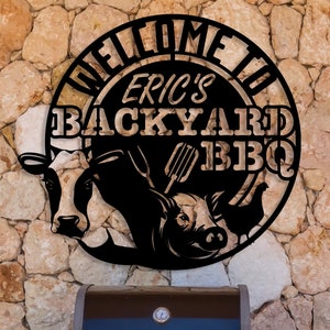 Custom Barbeque Metal Sign, Personalized BBQ Name Sign, Cow Pig Chicken BBQ Signs, Home Grill Sign, Outdoor BBQ Decor, Dad Gift, Yard Decor