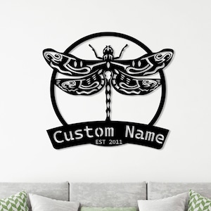 Custom Dragonfly Metal Wall Art, Dragonfly Monogram, Personalized Name Sign, Outdoor Wall Sign, Porch Wall Decor, Custom Date Sign,Home Gift