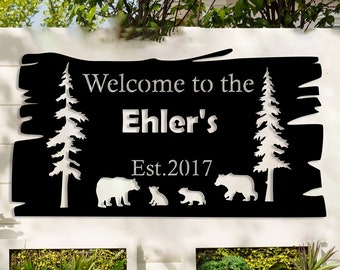 Custom Metal Bear Wall Sign, Personalized Cabin Sign, Bear Family In Woods Cabin Sign, Custom Family Name Bear Decor, Outdoor Metal Sign