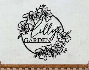 Your Name Metal Hanging Garden Sign, Custom Garden Wall Art, Personalized Gift, Outdoor Custom Decor,Gardening Sign,Flower Design Garden Art