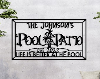 Custom Palm Tree Pool Sign Metal Wall Art, Personalized Pool & Patio Metal Sign, Outdoor Large Decor, Tropical Wall Sign, Poolside Art, Gift