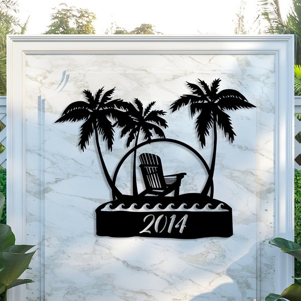 Custom Tropical Palm Trees Metal Wall Sign, Patio or Pool Sign, Personalized Est Date Sign, Ocean Lovers Gift, Beach house Decor,Outdoor Art