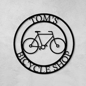 Aangepaste metalen fietsbord, gepersonaliseerd naambord, decor fietser, uithangbord aangepaste winkel, cadeau voor fietsliefhebbers, garagebord, buitendecor