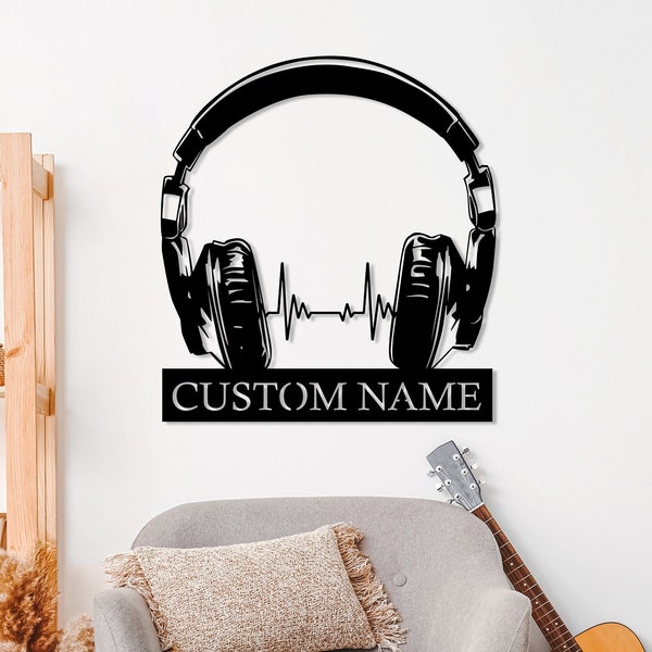 Aangepaste oortelefoons Metal Wall Art, gepersonaliseerde koptelefoon decor, muziekinstrument, muziekliefhebbers cadeau, Sound Studio DJ Club naambord, musical